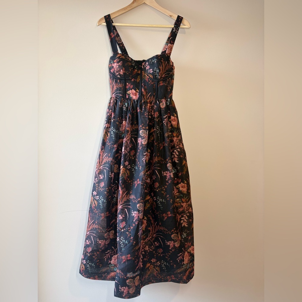 NEW Cara Cara Phoebe Floral Linen Silk Midi Bustier Dress Pindell Black US 4 UK8 - Picture 5 of 16